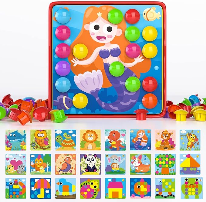 Geekper 96 PCS Button Art Toys for Toddlers, Color Matching Mosaic Pegboard Early Learning Educational Toys for 3, 4, 5, 6 Year Old Kids Boys and Girls Gifts, Including 24 Pictures and 72 Buttons