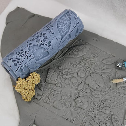 Midnight Wildflower Tangle Clay Texture Roller (4") - Seamless Meadow Set #01 - Embossing Pattern Roller for Polymer & Ceramic Clay, Pottery & Crafts