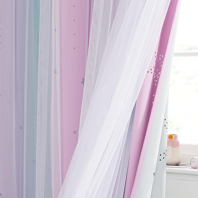 NICETOWN Moon Star Curtains for Girls Bedroom Nursery Blackout Decor Light Blocking Sheer Overlay PrincessRainbow Striped Layered Window Curtains, 2 Panels, 52W x 84L, Purple Blue Pink