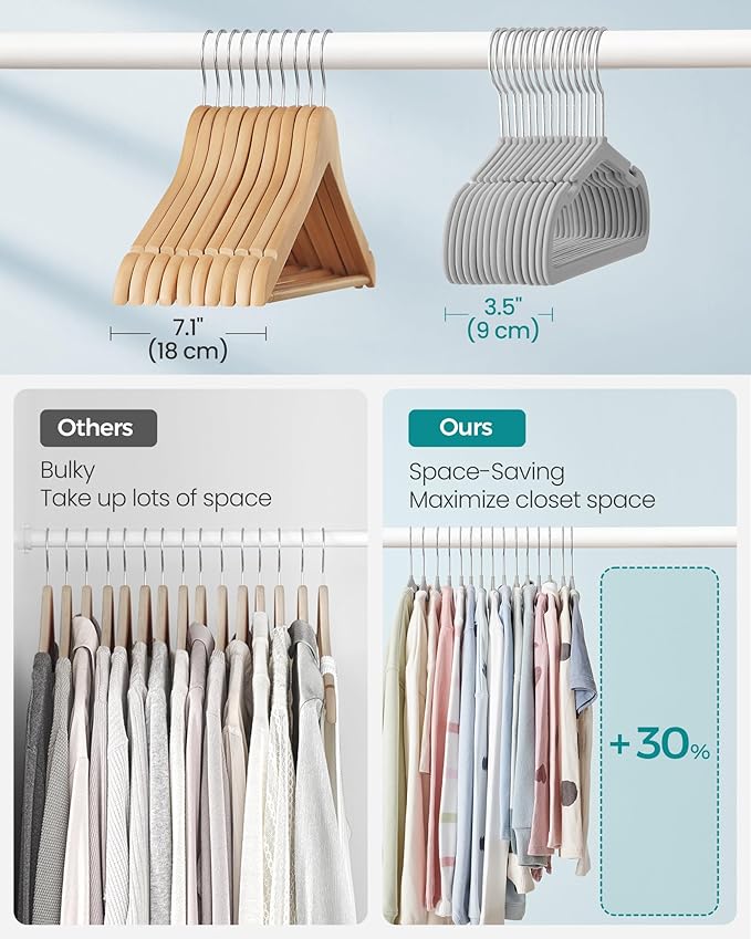 SONGMICS Kids Hangers 50 Pack, 14 x 8 Inches, Baby Hangers for Closet, Non-Slip Velvet Hangers, Childrens Hangers, Space-Saving Clothes Hangers, Wide Shoulder Notches, Dove Gray UCRF038G01
