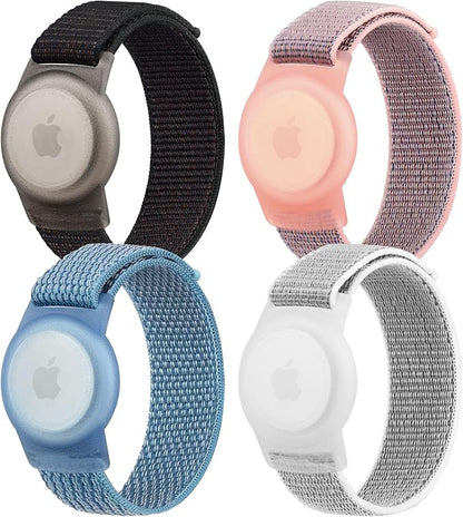 4 Pack Nylon Air Tag Bracelet for Kids, Soft Nylon Air Tag Wristband for Apple Air Tag, Adjustable Anti Lost Wristband for Toddler Baby, Boys, and Girls, Elders (Black/Pink Sand/Blue/Grey)