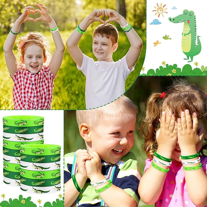 30 Pack Reptile Party Supplies Crocodile Silicone Wristbands Reptile Party Favors Crocodile Party Favors Bracelet Gifts Bag Stuffer for Reptile Crocodile Themed Birthday Party Supplies (Crocodile)