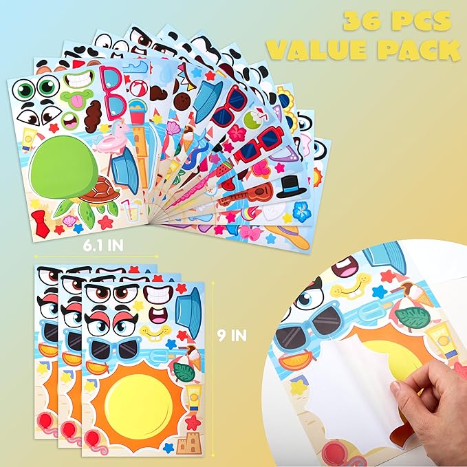 JOYIN 36 Pcs 9"x6" Summer Scene Make a face Stickers for Kids, Make Your Own Summer Sticker Sheets, Party Favors Kids Crafts, Goodie Bags Stuffers, Classroom Rewards