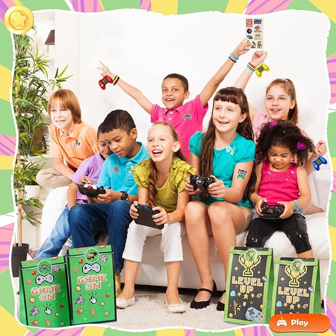 LiYiQ 122 Pcs Video Game Party Favors With Video Game Keychains Slap Bracelets Temporary Tattoos Silicone Wristband Gift Tags Stamps Stickers and Gift Bags for Gamer Birthday Party Supplies