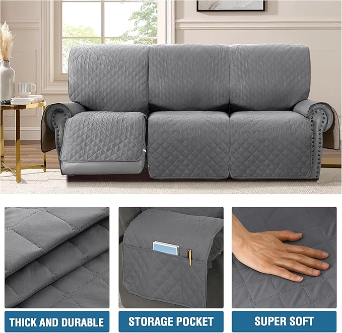 H.VERSAILTEX 100% Waterproof Recliner Sofa Cover Recliner Couch Cover for 3 seat Non Slip Reclining Couch Cover for Dog Washable Furniture Protector with Elastic Straps(Recliner Sofa, Rocket Gray)