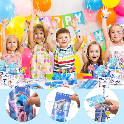 Colarr 161 Pcs Shark Party Favor Shark School Stationery Set Includes Gift Cup Notebook Pencil Sharpener Eraser Keychain Stamp Slap Bracelet Sticker Card for Shark Birthday Supplies