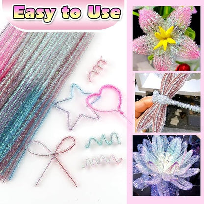 TOAOB 100pcs Gradient Glitter Pipe Cleaners 10 Colors Chenille Stems for Crafts 12 Inch Fuzzy Sticks Craft Supplies for DIY Art Craft Projects Home Decorations