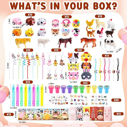 182 Pcs Farm Animals Party Favors Set Animal Models Keychains Straws Bracelets Stickers Masks Farm Paper Bags Toy Cars Gifts for Birthday Party Goody Bag Stuffer