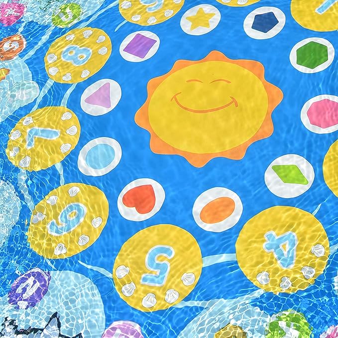 4 in 1 Splish Splash Learning Pad – Outdoor 60” Sprinkler Water Toy for Toddlers and Kids | USA Patented Swimming Ocean Animals | Inflatable Pool with Matching and Learning Games
