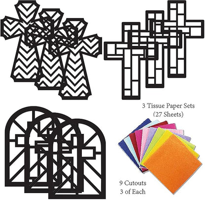 VHALE Suncatchers Craft 3 Sets (9 Cutouts) w Tissue Papers Stained Glass Effect Paper Sun Catcher Kit, Window Art, Classroom Crafts, Creative Art Projects, Kids Party Favors (Cross)
