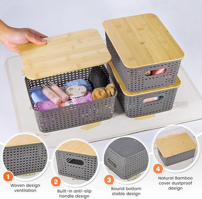 Plastic Storage Baskets With Bamboo Lid - Plastic Storage Containers Stackable Storage bins: Storage Baskets for Organizing Shelves Drawers Desktop Closet Playroom Classroom Office, 6 Pack, Gray
