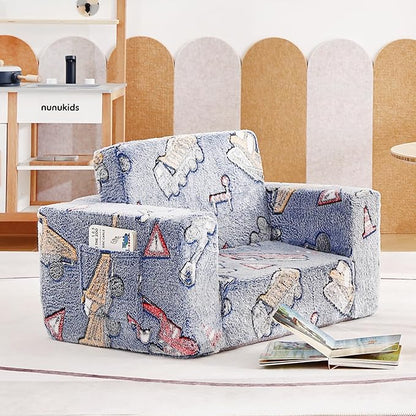 Tiita Kids Chair Couch, Folding Toddler Comfy Sofa Chairs, 2-in-1 Kids Plush Sofa Fold Out, Baby Armrest Chair Sofa to Lounger, Convertible Play Sofas to Bed for Girl or Boy, Vehicles
