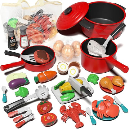 Lehoo Castle Play Kitchen Accessories, Play Pots and Pans Sets for Kids Kitchen, Play Food Sets for Kids, Toddler Cooking Set with Utensils, Toy Foods for Toddlers 3-5, Toys for 3+ Years Old Girls