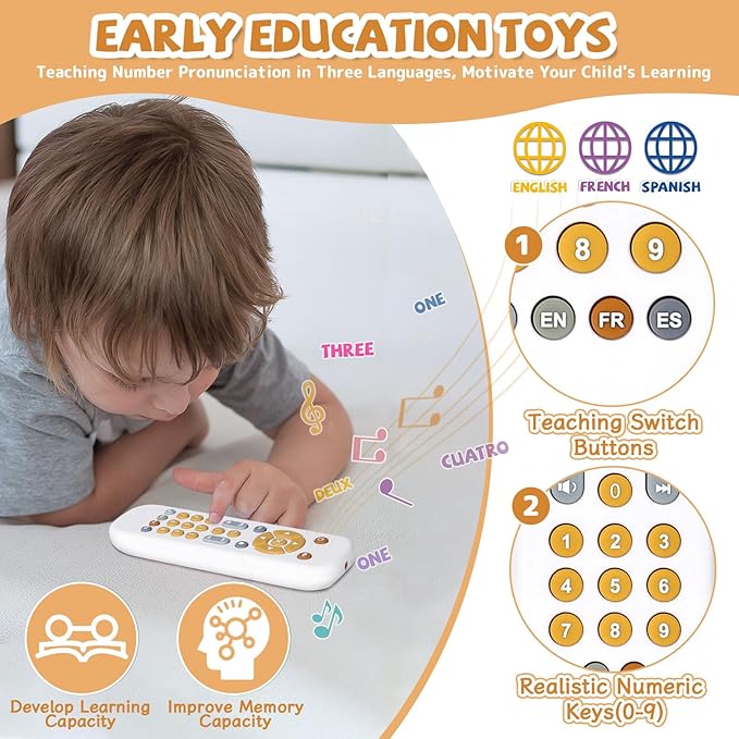 Orzbow Baby Remote Control Toy for 6 Months+ with Music, TV Remote Toy with Realistic Light and Sound - English, French and Spanish for Infant Play - BPA Free, White