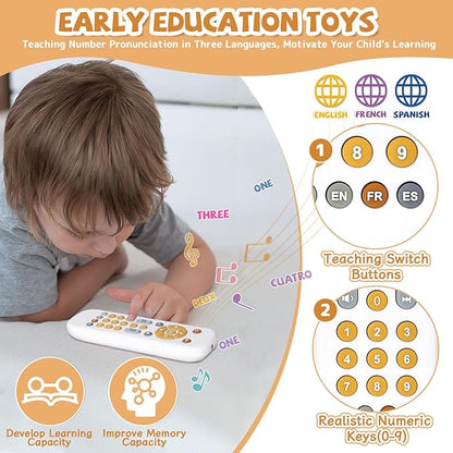 Orzbow Baby Remote Control Toy for 6 Months+ with Music, TV Remote Toy with Realistic Light and Sound - English, French and Spanish for Infant Play - BPA Free, White