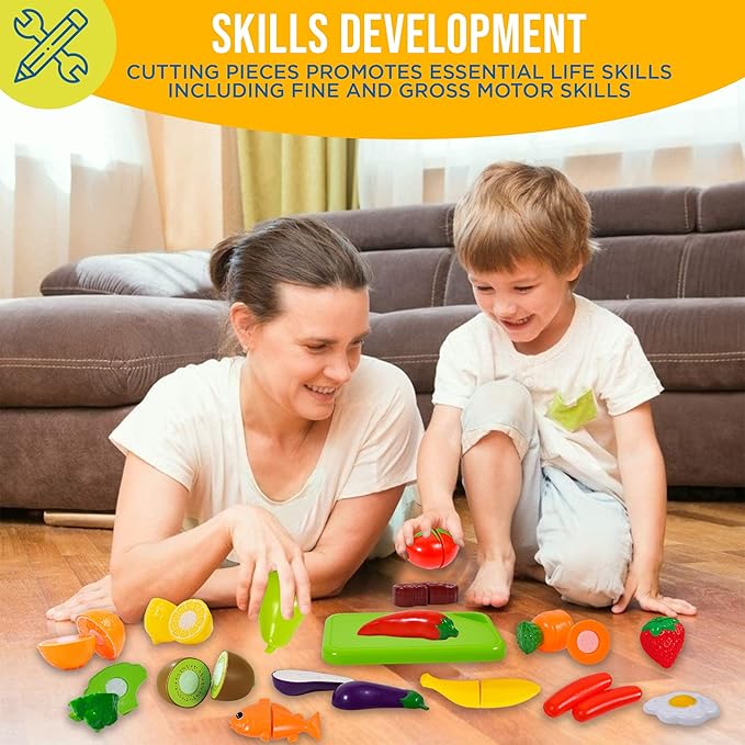 FUNERICA Cuttable Play Food, Fruits and Vegetables for Kids, Pretend Kitchen Toy Accessories Set with Knives, Cutting Board, Plates - Cutting Food for Toddlers and Kids