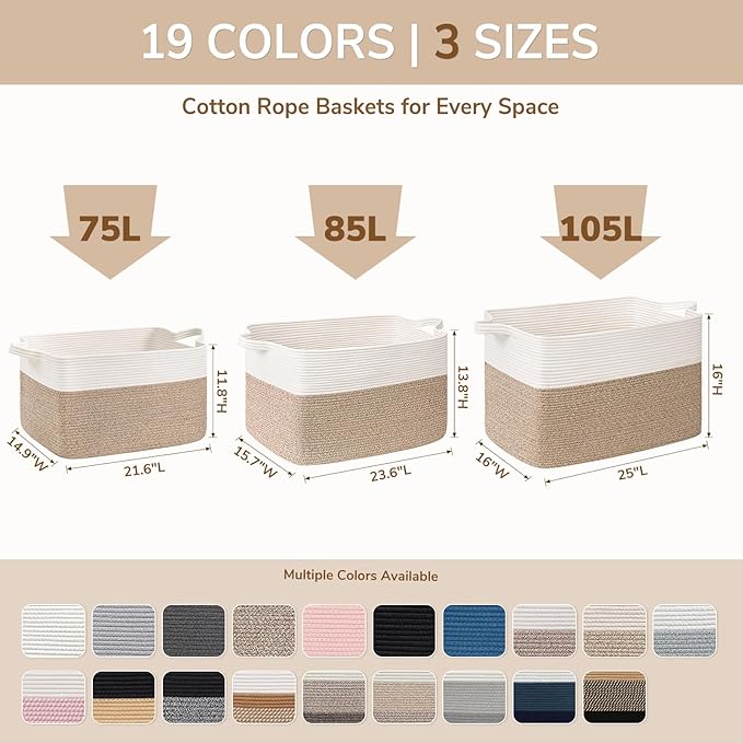 Goodpick 105L Woven Blanket Basket 25" x 16" x 16" Cotton Rope Storage Bins for Dirty Clothes, Extra Large Gift Basket for Living Room Home Decor, Toy Storage Baskets for Kids, Gradient Brown