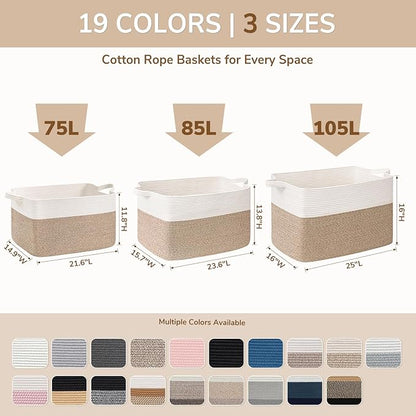 Goodpick 105L Extra Large Blanket Basket 25" x 16" x 16" Cotton Rope Storage Bins for Dirty Clothes, Rectangle Woven Laundry Basket for Living Room Bedroom, Toy Storage Baskets for Kids, Gray