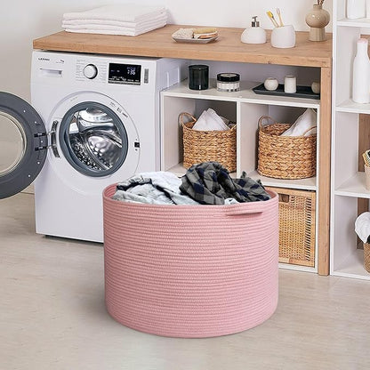 MEGASKET Extra Large Pink Basket, 22"x22"x14" Woven Cotton Rope Bin with Handles, Blanket Storage for Living Room, Baby Kids Toy Storage Bin Box, Wicker Laundry Basket, Pink Room Decor Organizing