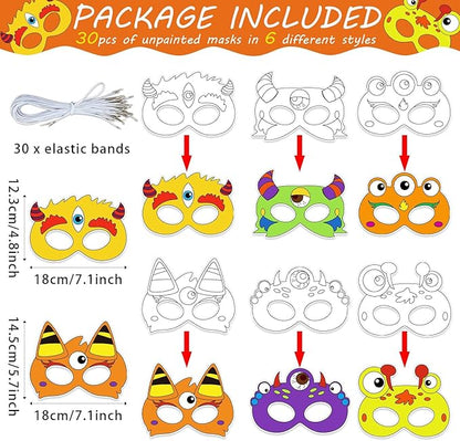 36 Set Monster Coloring Mask Halloween Paper Arts Crafts Kid Color Your Own Animal Blank DIY Mask Masquerade Birthday Dress-Up Party Decoration Favor School Classroom Activity Game Supplies