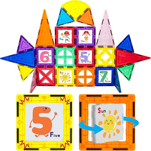 PicassoTiles Magnetic Building Blocks with Tiles and Click-in Educational Graphic Arts Magnet Construction Toy Set STEM Learning Playset Child Brain Development Stacking Playboard