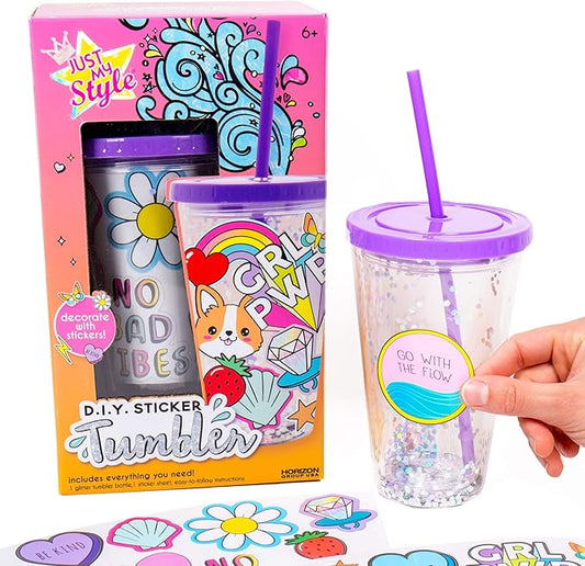 Just My Style DIY Sticker Tumbler, Style & Embellish Your Own BPA Free VSCO Glitter Water Tumbler, Reusable Stickers Included, Great Back To School Gift, Birthday Gift for Girls Ages 6, 7, 8, 9, 10