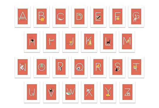 English Alphabets Flash Cards and Art Wall Cards - Set of 26 (5" x 7") Animal Alphabet Cards for Nursery Decor, Gifts, Kids Room, Classroom, by Kindred Sol Collective
