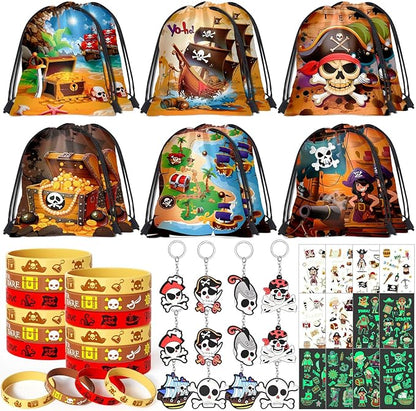 12 Sets Pirate Party Favors Birthday Supplies for Boy Kid, Drawstring Bag Silicone Bracelet Tattoo Sticker Keychain Pirate Pinata Filler Goodie Bag Stuffers Pirate Birthday Favors Party Supplies