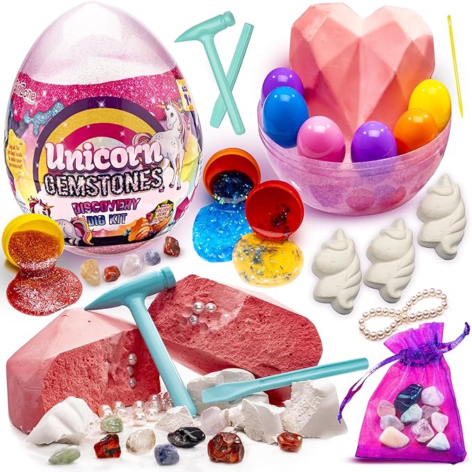 GirlZone Unicorn Gemstones Discovery Dig Kit, 13 Gemstone Dig with Slime and Precious Gems, Gift-Ready DIY Bracelet Kit, STEM Craft for Kids Age 12-14, Perfect for Valentine Gifts