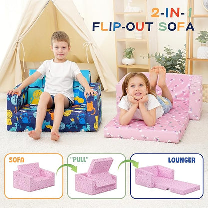 MallBest Kids Sofas Toddler Couch Bed Baby's Upholstered Chair Sleepover Couch Flipout Open Recliner(Pink/Rainbow)…