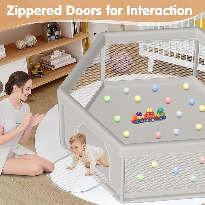 Hiaksedt Large Baby Playpen 65x65 Inch, Play Pens for Babies and Toddlers Hexagonal Type Baby Play Yards for Indoor & Outdoor with Breathable Mesh Anti-Fall