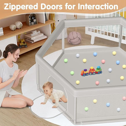 Hiaksedt Large Baby Playpen 65x65 Inch, Play Pens for Babies and Toddlers Hexagonal Type Baby Play Yards for Indoor & Outdoor with Breathable Mesh Anti-Fall
