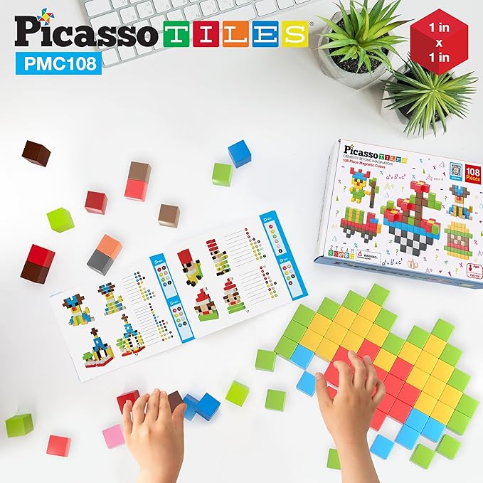 Picasso Cubes 1” Magnetic Puzzle Cubes 108 Piece Magnet Construction Building Block Set Sensory Toy Early Education STEM Learning, Free Ideabook with 50 Ideas, Children Age 3+ Boy Girl PMC108