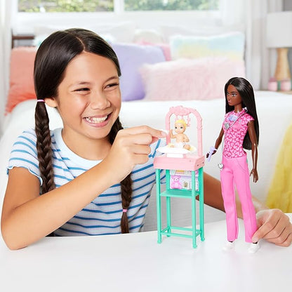 Barbie Baby Doctor Playset with Brunette Fashion Doll Wearing Pink Scrubs, Baby Doll, Furniture & Accessories