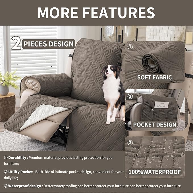 Easehomey Waterproof Loveseat Recliner Cover,Non Slip Reclining Couch Covers for 2 Seat,Dog Chair Cover Furniture Protector Washable Chair Cover with Pocket for Kids,Pets,Dogs(Taupe,2Seat)