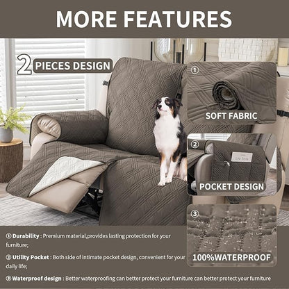 Easehomey Waterproof Loveseat Recliner Cover,Non Slip Reclining Couch Covers for 2 Seat,Dog Chair Cover Furniture Protector Washable Chair Cover with Pocket for Kids,Pets,Dogs(Taupe,2Seat)