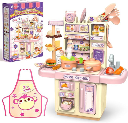 Mini Kids Kitchen Playset with Apron, Play Kitchen Toy with Realistic Steam and Lights, Play Sink and Toy Kitchen Accessories, Pretend Play Gift for Toddlers 3-5 Boys Girls (Pink)