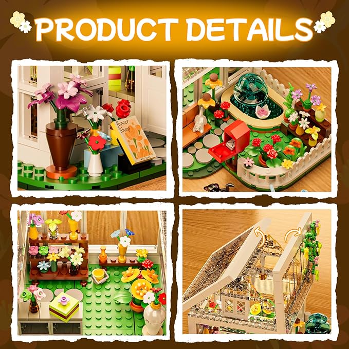 Flower House Building Set with LED Lights,Flower Shop Building Kits Creative Floral Greenhouse Kit for Girls Age 6+ (625PCS)