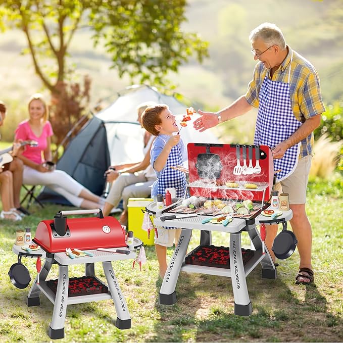 deAO Kids BBQ Grill Playset,23.6" Heigh Kitchen Toy with Realistic Smoke,Light with Toy Grill Toy,41PCS Kitchen Accessories Play Food Toy for Pretend Play Cooking for Kids