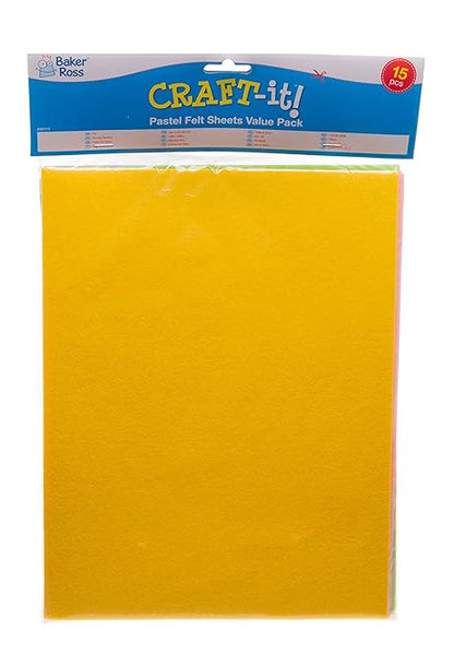 Baker Ross AW111 Pastel Felt Sheets - Pack of 15, Ideal for Cutting, Sticking and Creating in Kids Arts and Crafts Activities