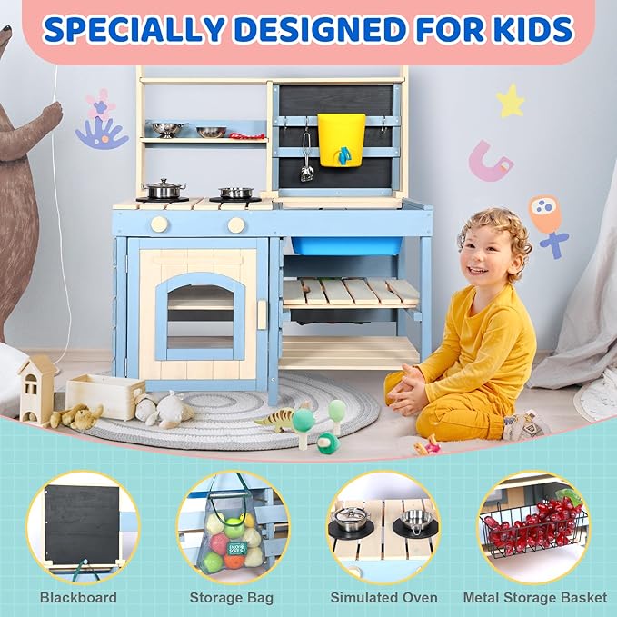 2 in 1 Wooden Mud Kitchen, Outdoor Play Kitchen with Removable Sink,Water Box & Faucet,Stove Top, Storage Bags& Metal Basket,Kitchen & Grocery Store Backyard Outdoor Pretend Kitchen for Kids
