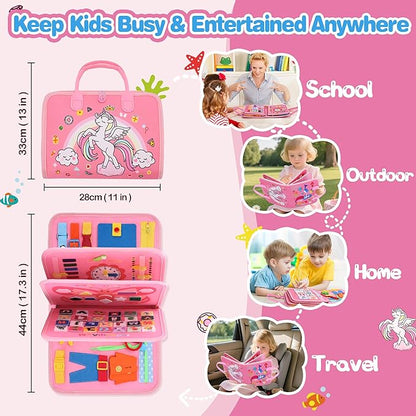 GONINO Toddler Busy Board Montessori Toys for 1-3 Year Old Girls, Sensory Busy Book for Toddlers 1-3, Learning Activities for Fine Motor Skills, Travel Toys for Airplane Car, Gifts for 1 Year Old Girl