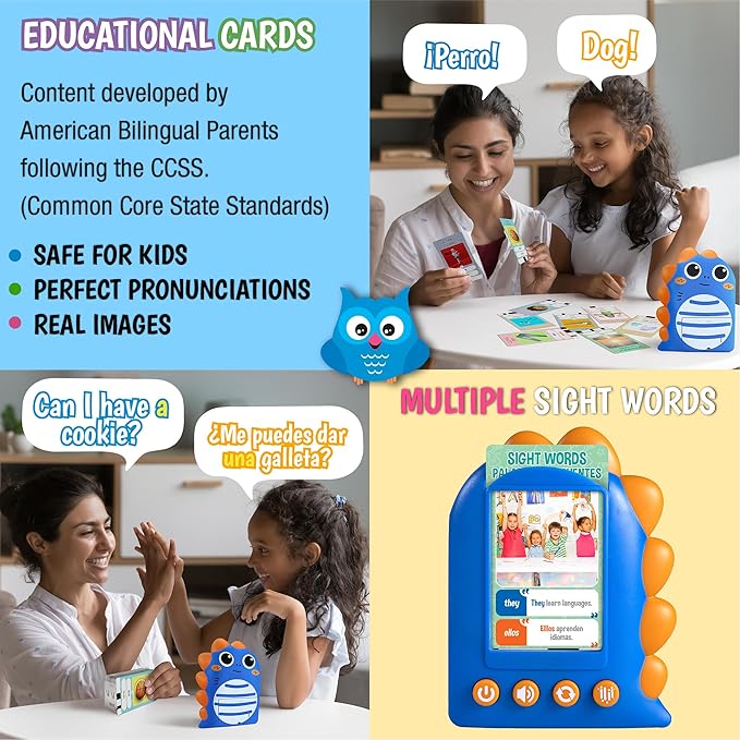 GUFINO Talking Flash Cards – 300 Spanish Flashcards for Kids for Cognitive Abilities & Boost Language Development – Learning Games, Blue Toddler Boy Gifts. See and Say Toys for Toddlers