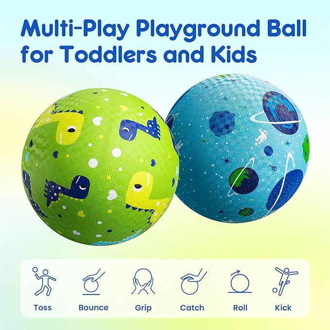 U&C Planet Playground Balls for Toddlers 1-3, 2 Pack 6 inch 8.5 inch Kickball for Kids Outdoor Indoor, Catoon Rubber Balls with Pump, Child Gift for Boys Girls 1-3 3-5 5-10