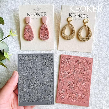 KEOKER Polymer Clay Texture Sheets, Clay Texture Mat for Making Earrings Jewerly, Polymer Clay Earrings Tools (Flower A)