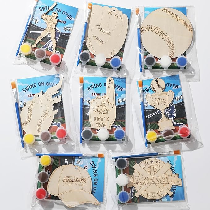 Saypacck 24 Pcs Baseball Party Favors Wooden Painting Craft Kits Birthday Party Supplies with Organza Bag for Goodie Bags Fillers Adult Thank You Gifts