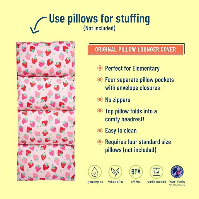 Wildkin Kids Floor Lounger: Ideal for Boys and Girls, Travel-Friendly, Perfect for Sleepovers - Pillow Lounger for Kids, Requires Standard Size Pillows Not Include (Strawberry Patch)
