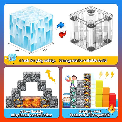 Gooidea Large Magnetic Blocks 110PCS Ice Fire World Inspired Playset Kids Magnet Toys 1 inch Building Cubes Magworld Add-on Building Craft Sensory Toys Game Gifts for Kids Ages 3-5 4-6 5-7 8-12