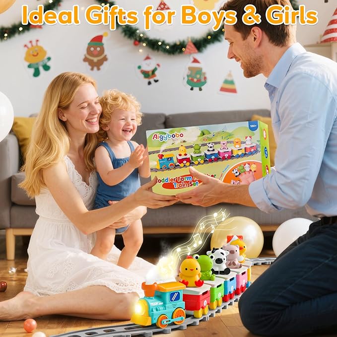 Toddler Toys for 1 2 3 Year Old, Electric Farm Animal Train Set with Music, Lights & Steam, Montessori Counting, Matching & Sorting Learning Toys, Christmas Birthday Gifts for Baby Boys Girls 18M+