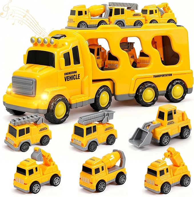 Construction Toy Trucks with 6 Construction Vehicles, Sound Light Transport Carrier Truck Construction Toys for Kids 3-5-7, Toddler Boy Toy for 3 4 5 6 7+ Year Old Boy Birthday Gifts Christmas